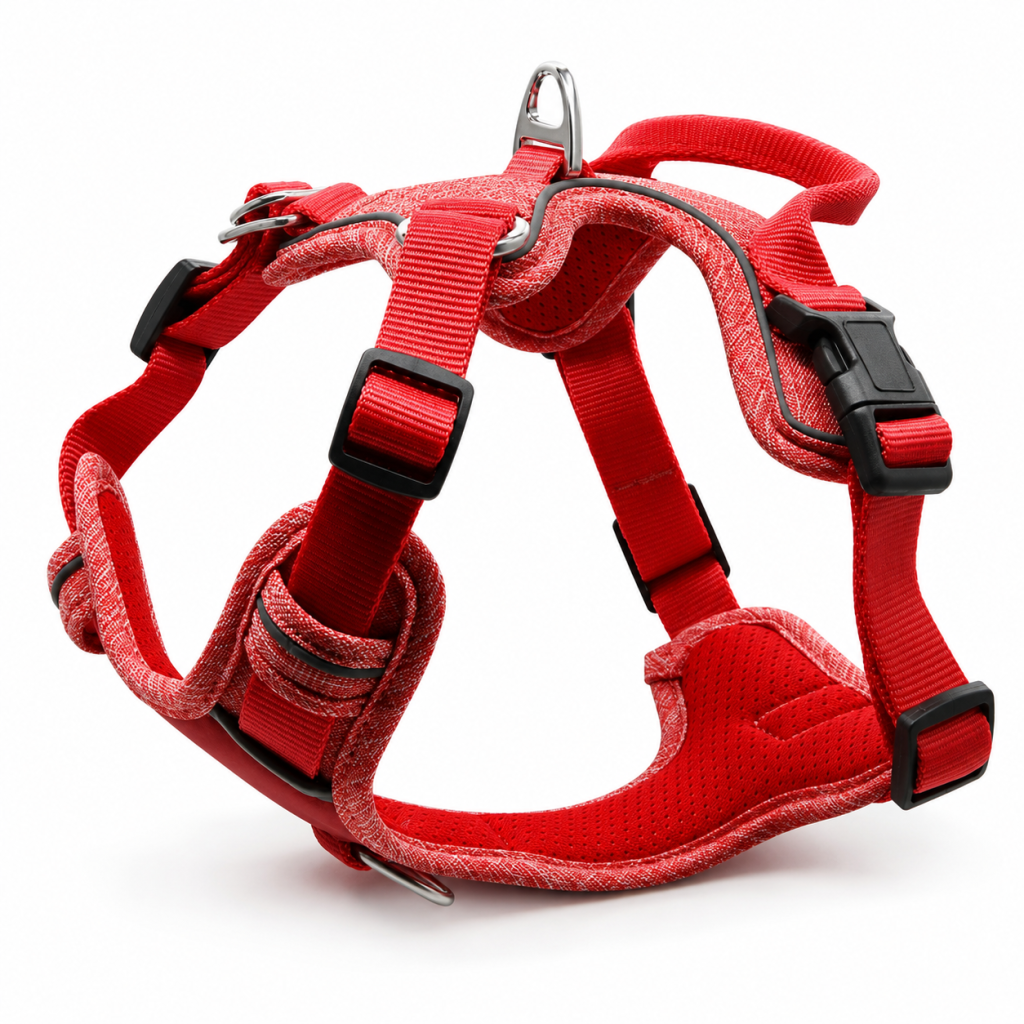 Red no-pull reflective adjustable dog harness