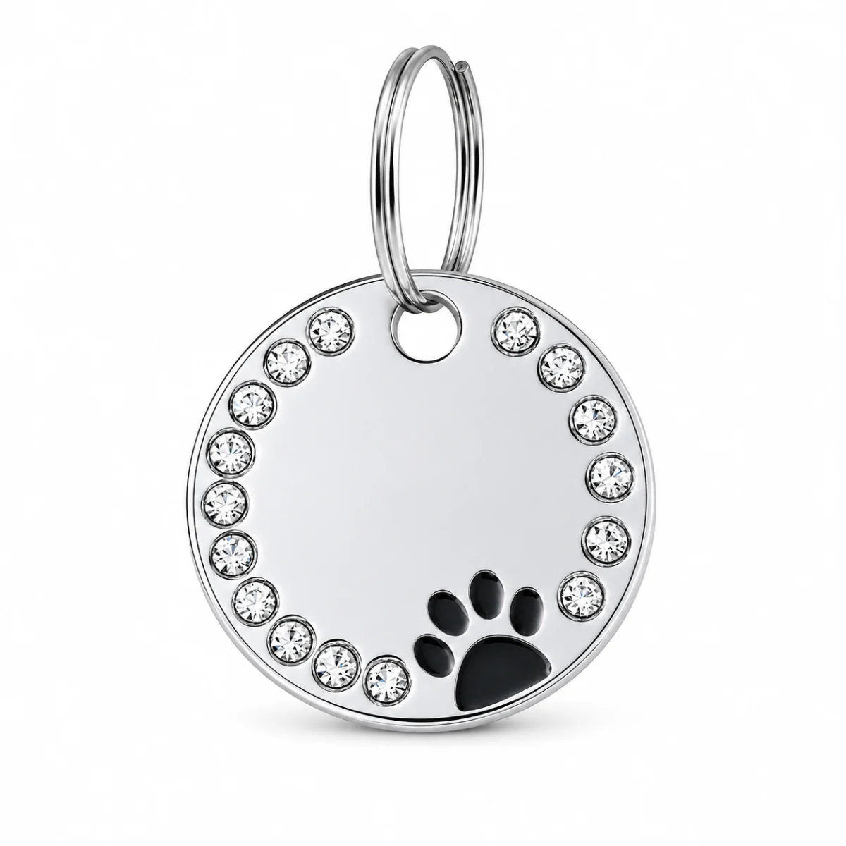 Black paw print dog ID tag with a rhinestone border