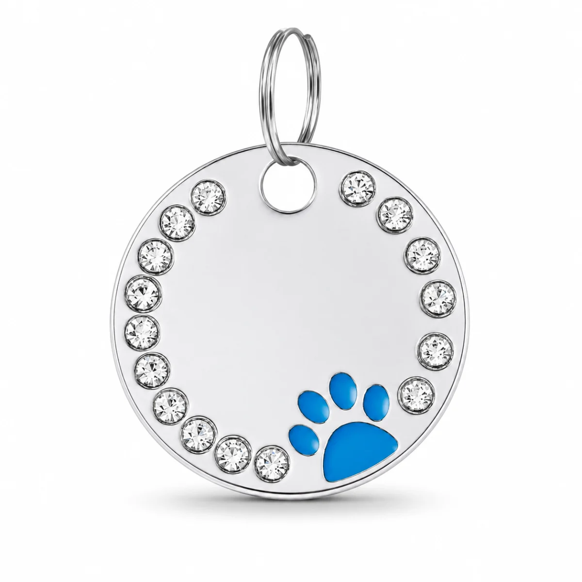 Blue paw print dog ID tag with a rhinestone border