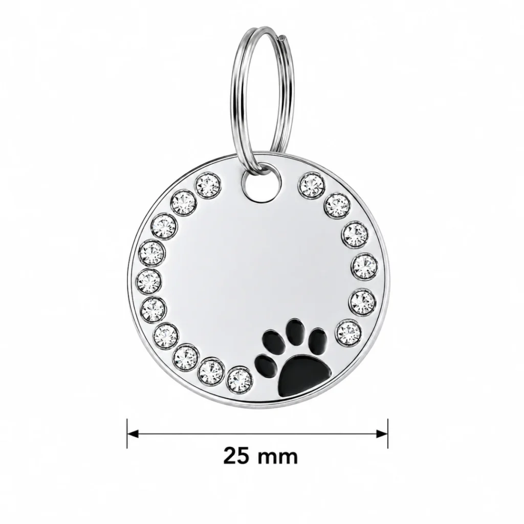 Small personalized dog collar tag showing its 25 mm diameter