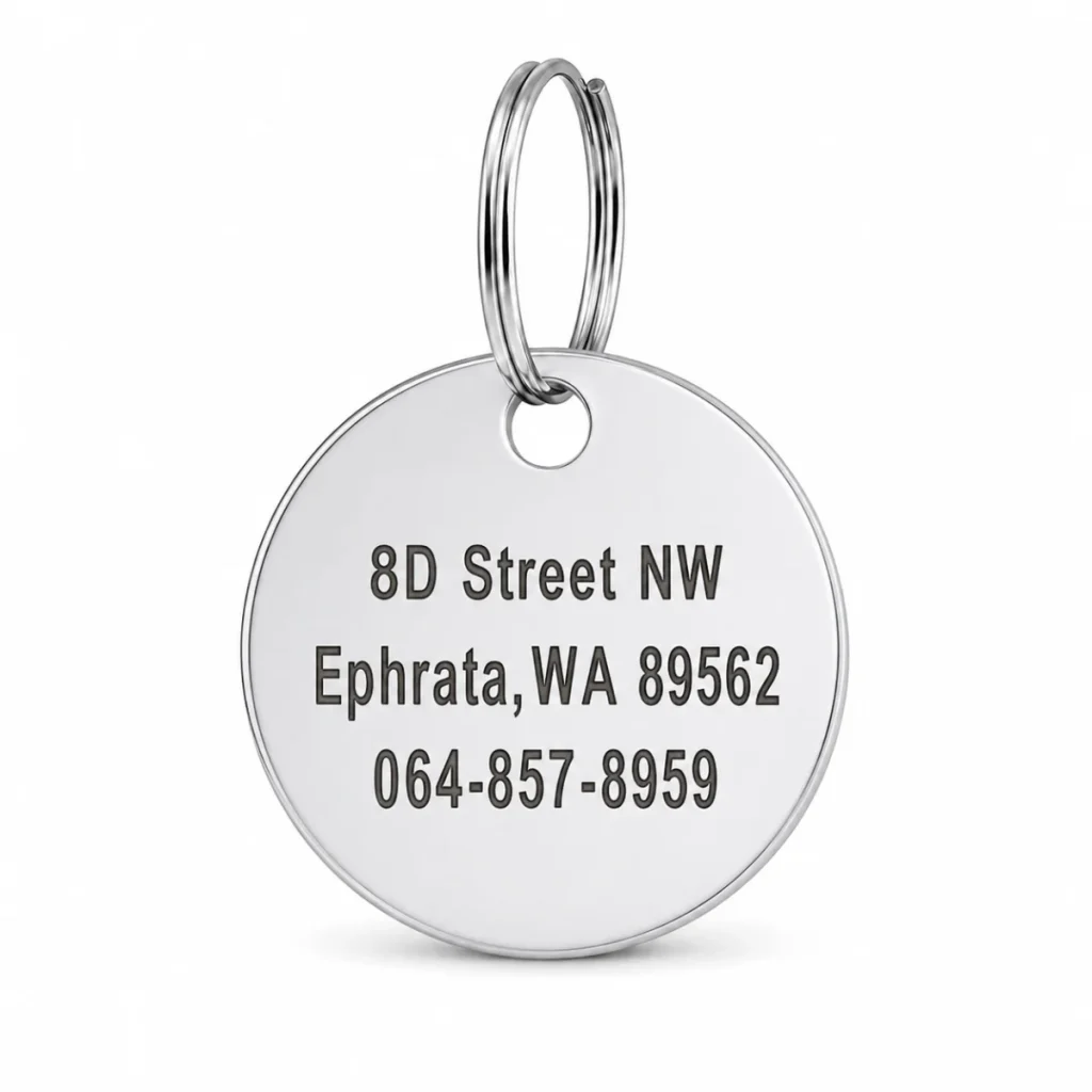 Phone number engraving example on the reverse of a dog ID tag