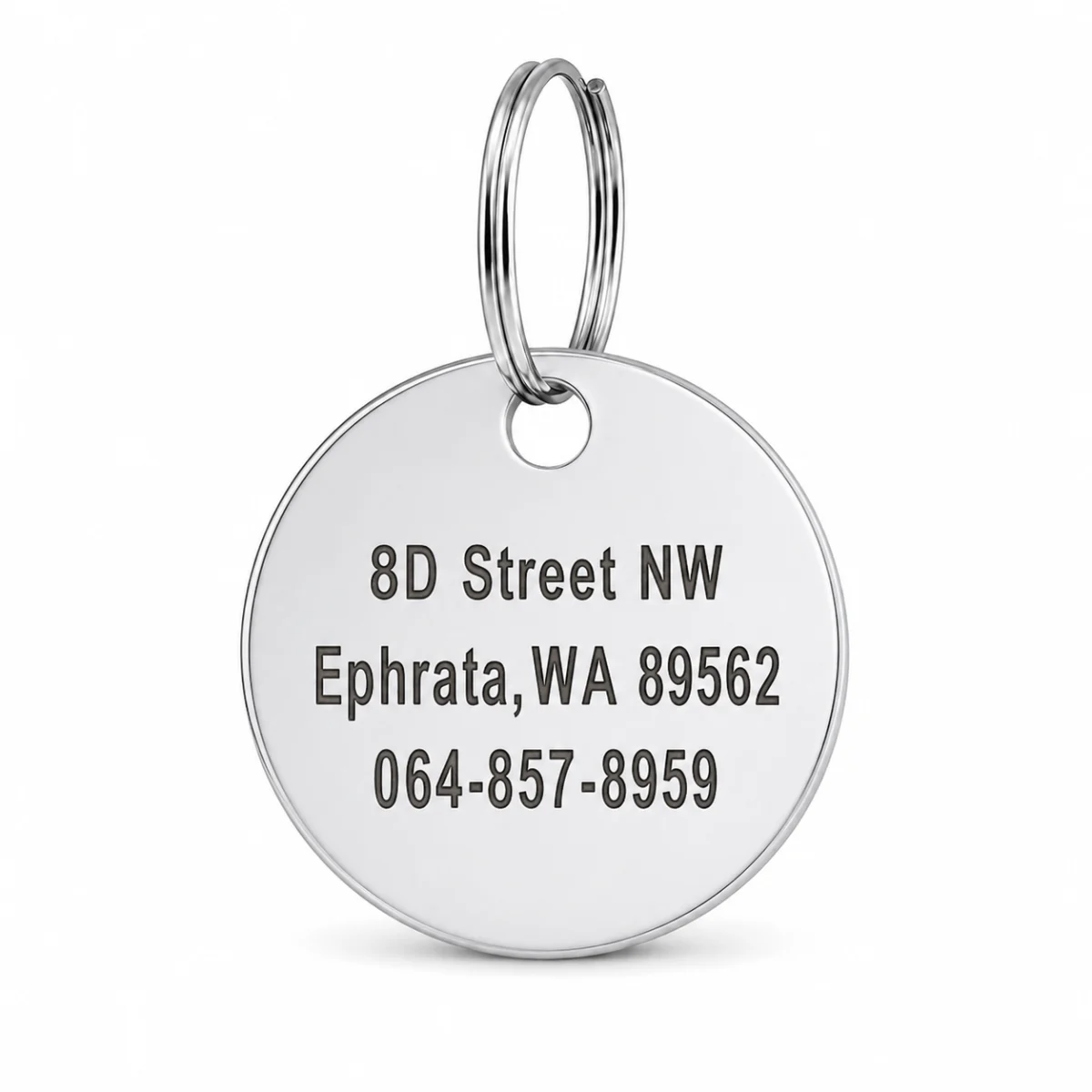 Reverse of a dog ID tag showing example contact details