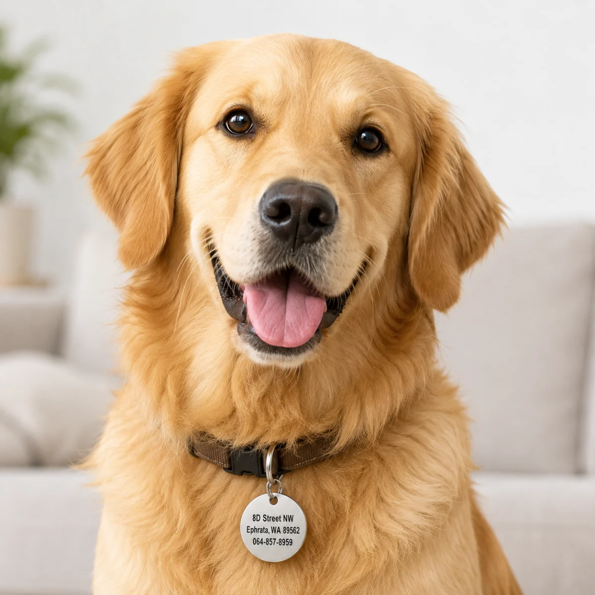Dog wearing a personalized paw print ID tag on its collar