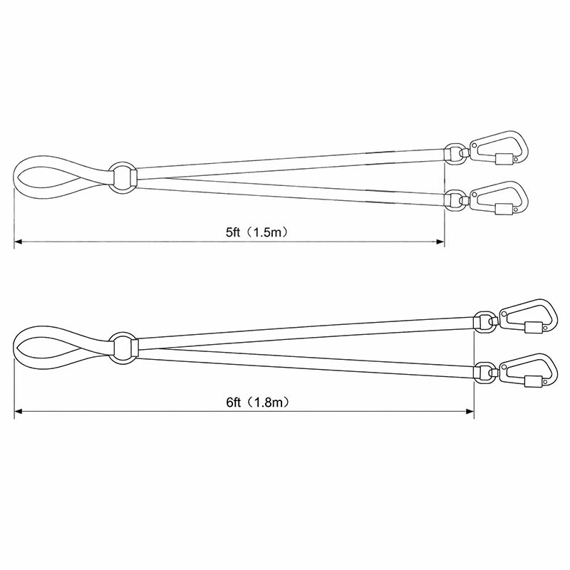 Double dog leash size diagram with one handle and two clips, showing 1.5 m and 1.8 m length options