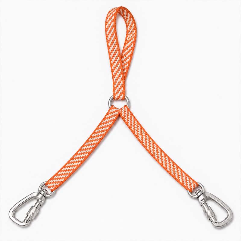 Orange and white UHMWPE double dog leash with one loop handle, two branches and two aluminum carabiner-style clips