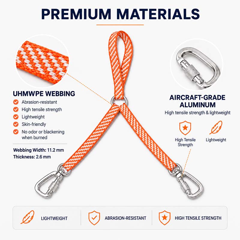 Close-up of orange and white UHMWPE leash webbing, 11.2 mm wide and 2.6 mm thick, with aluminum clips