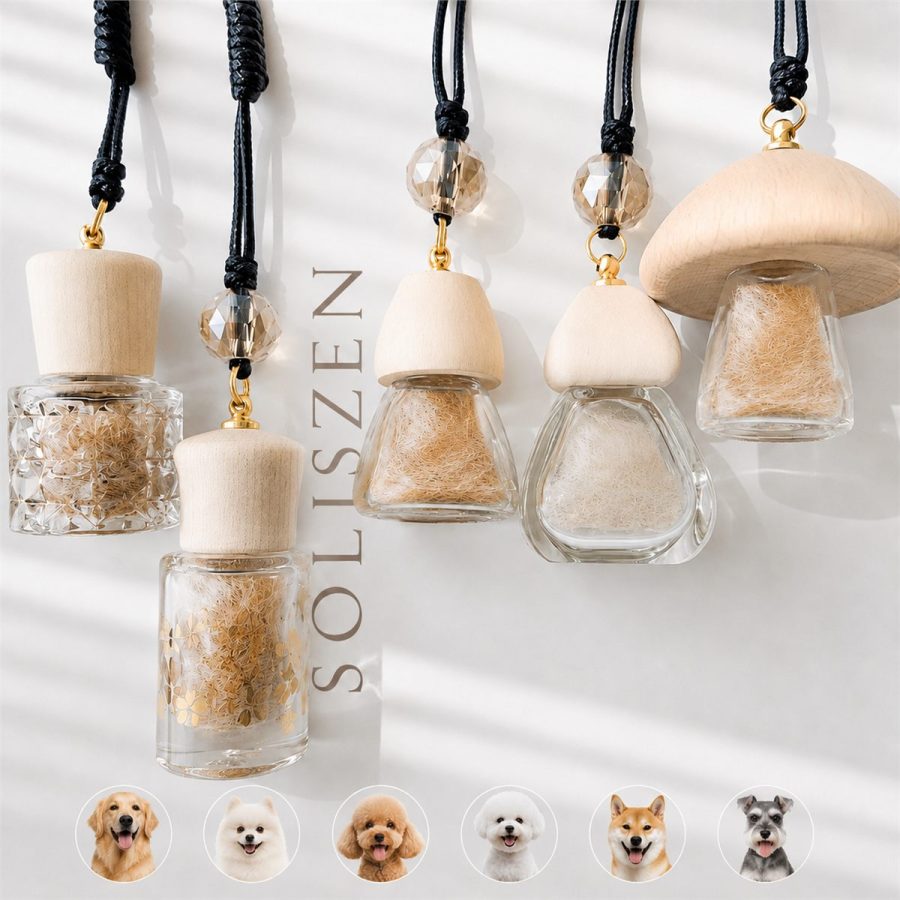 Glass pet fur keepsake bottles with wooden caps, hanging cords and decorative beads