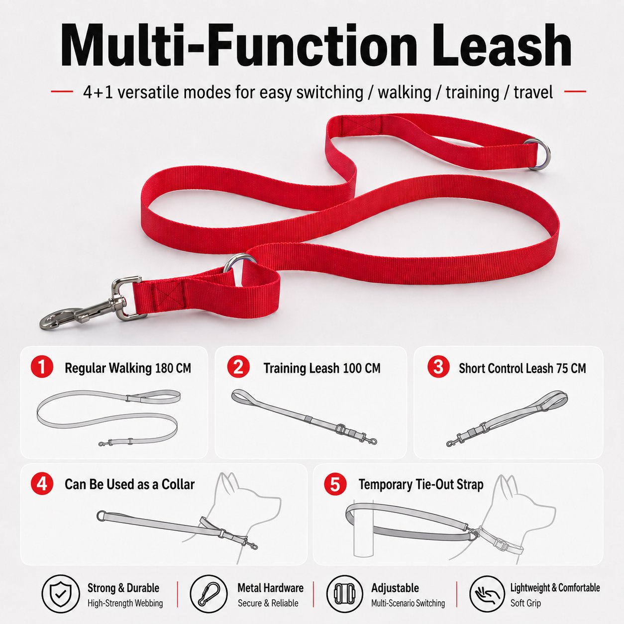 Multi-function dog leash walking training travel modes
