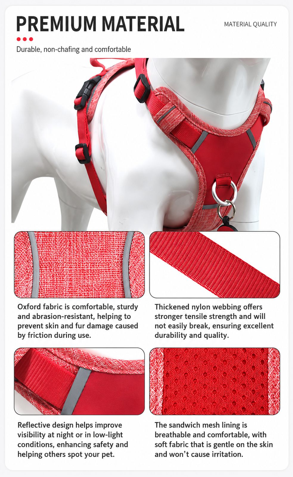 Adjustable buckle and webbing detail on dog harness