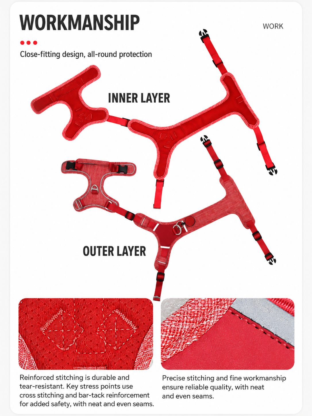 Inner and outer layer structure of padded dog harness