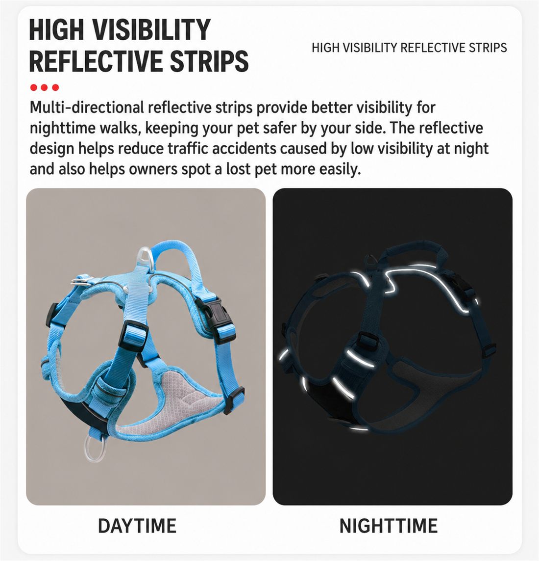 Reflective safety strips on dog harness for night walking