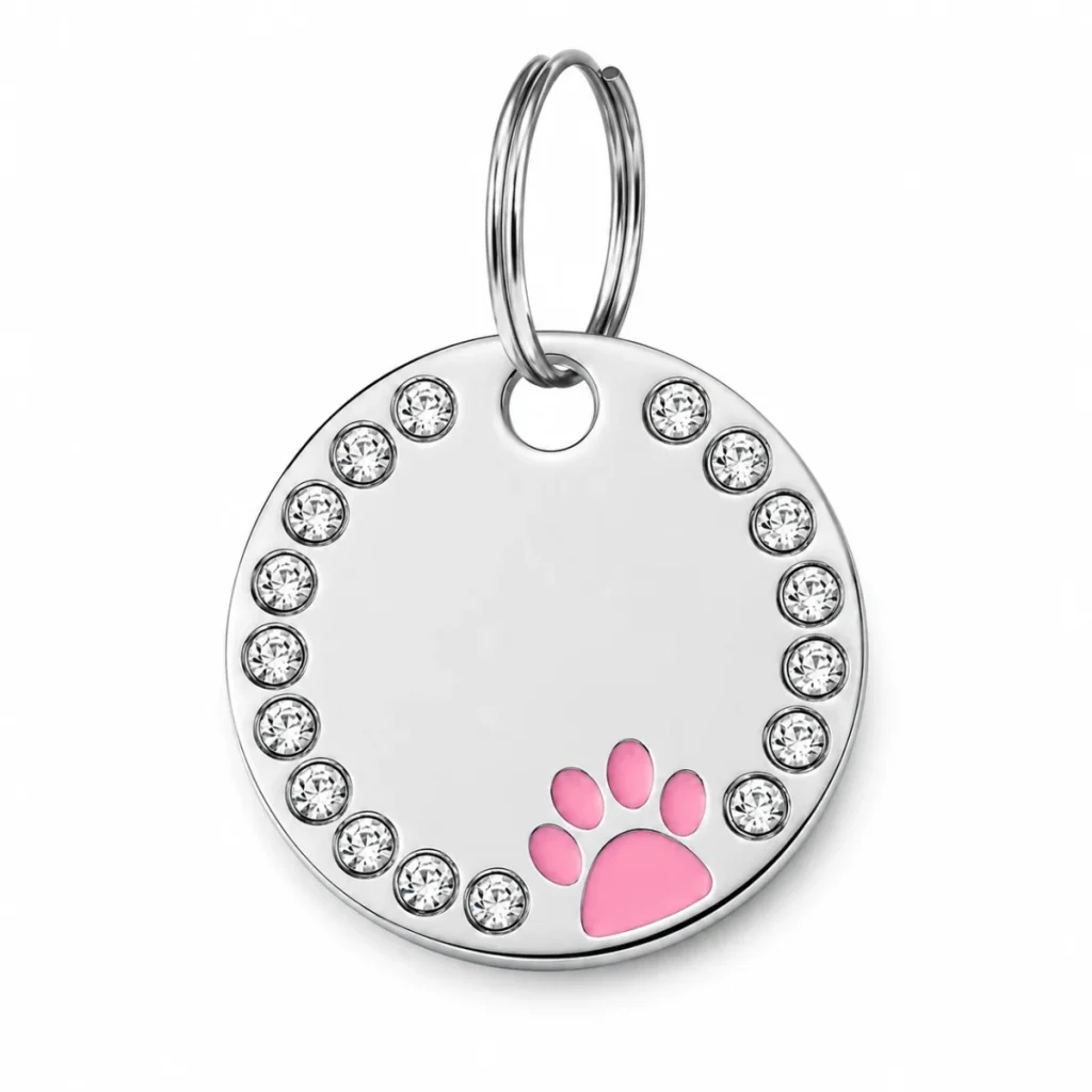 Pink paw print dog ID tag with a rhinestone border