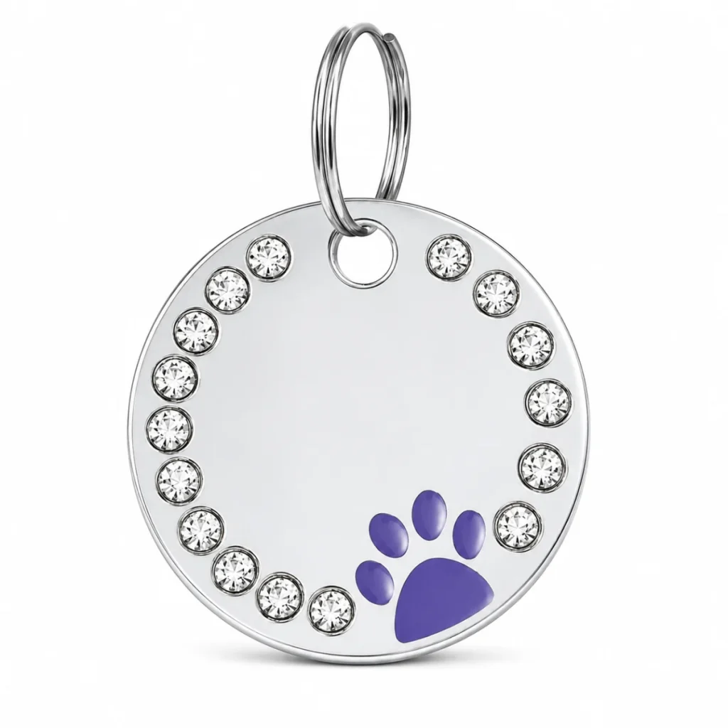 Purple paw print dog ID tag with a rhinestone border