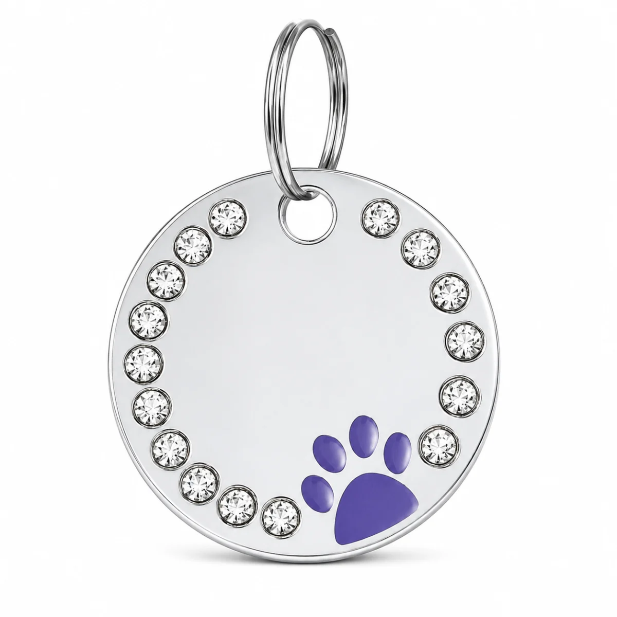Purple paw print dog ID tag with a rhinestone border