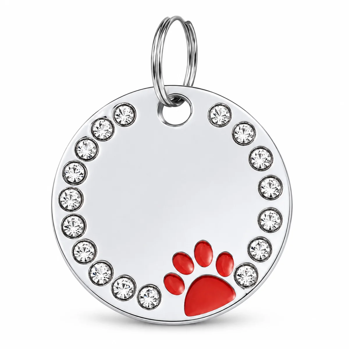 Red paw print dog ID tag with a rhinestone border
