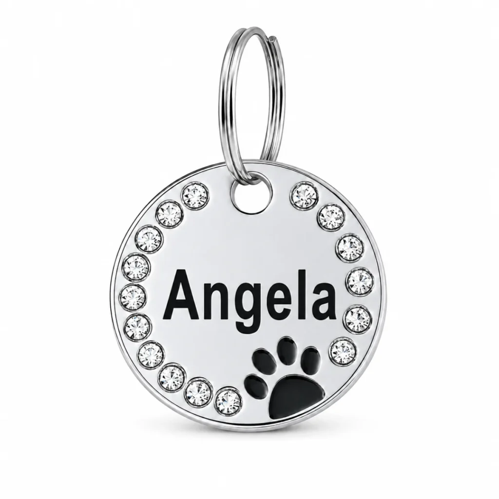 Dog name engraving example on a rhinestone paw print ID tag