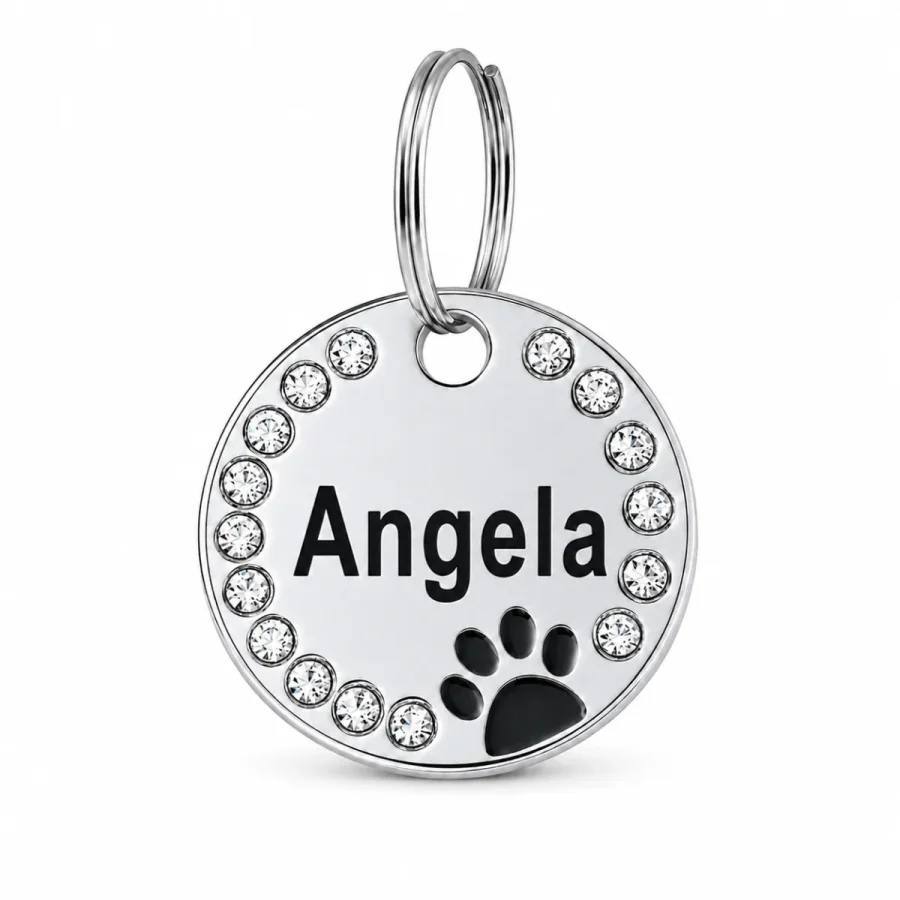 Rhinestone paw print dog ID tag with a sample engraved name