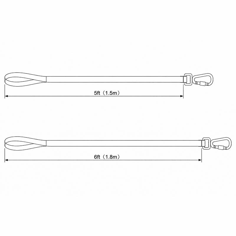 Line drawing comparing 1.5 m and 1.8 m dog leash lengths, approximately 5 ft and 6 ft