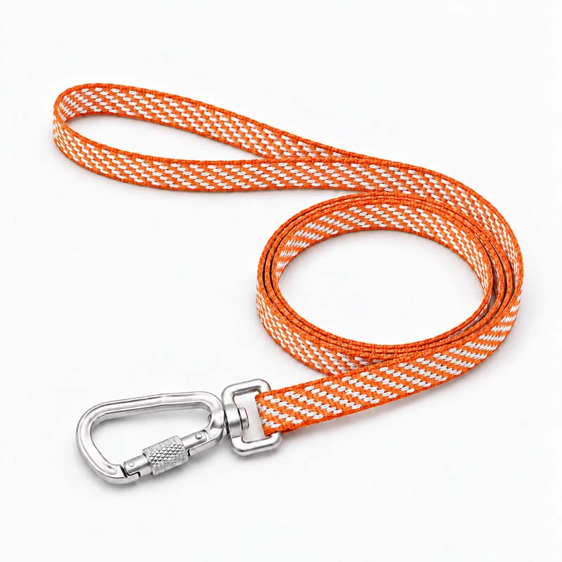 Orange and white flat woven UHMWPE dog leash with a loop handle and Aircraft-Grade Aluminum carabiner clip