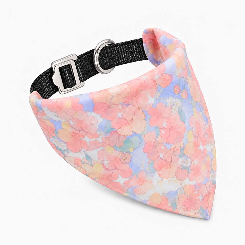 Pink floral dog bandana and black UHMWPE collar set with Aircraft-Grade Aluminum buckle