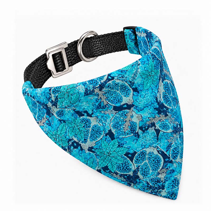 Blue floral dog bandana attached to a black UHMWPE woven collar with an Aircraft-Grade Aluminum buckle