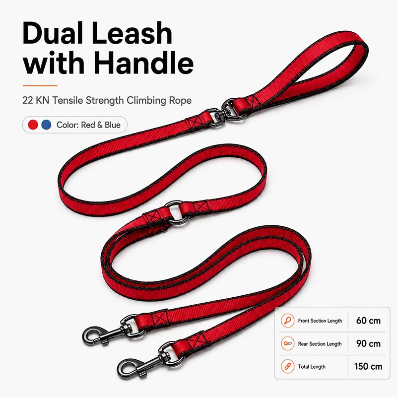 Dual-handle reflective polyester dog leash showing 90cm and 150cm lengths with 22kN tensile strength