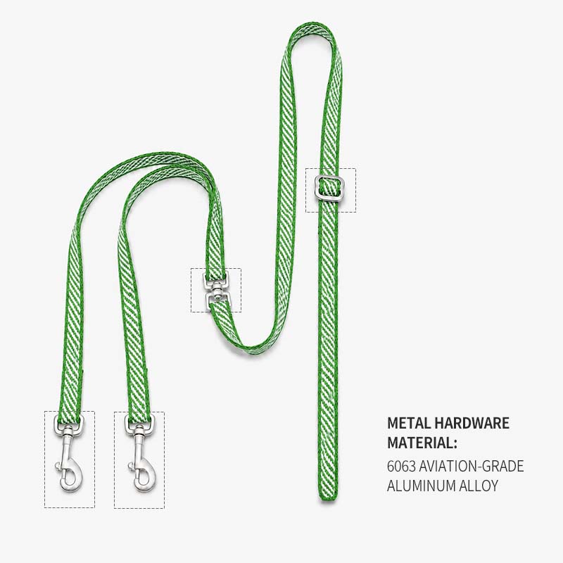 6063 aviation-grade aluminum-alloy clips, connector and buckle on a green dual dog leash