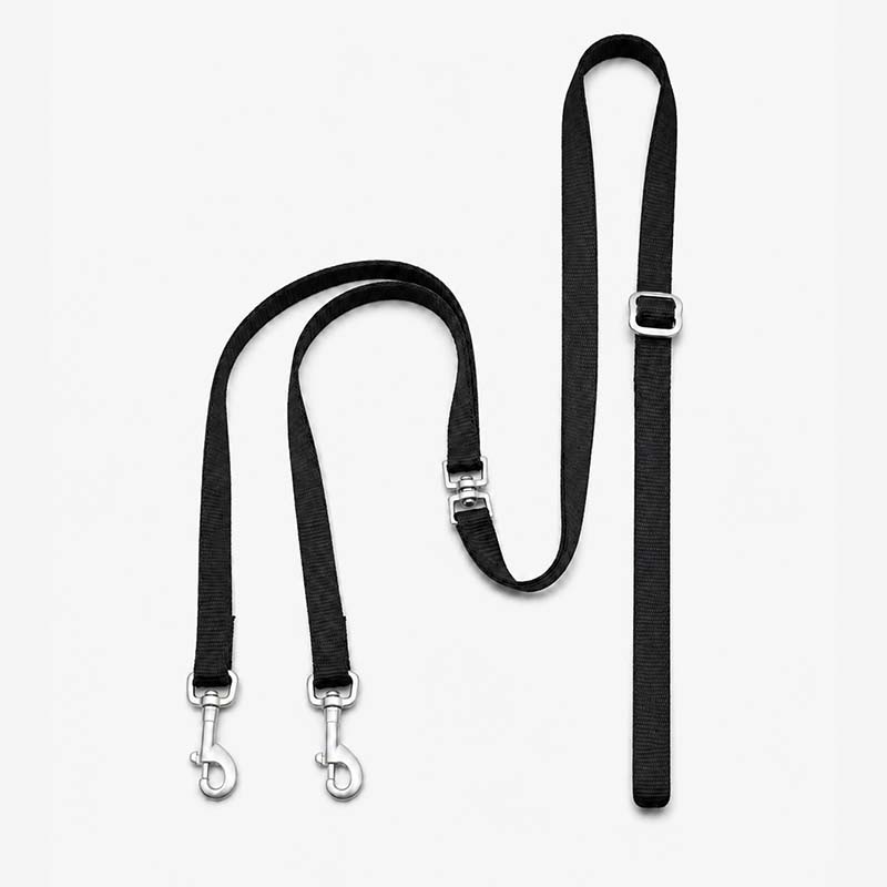 Black adjustable dual dog leash with two clips and one handler loop