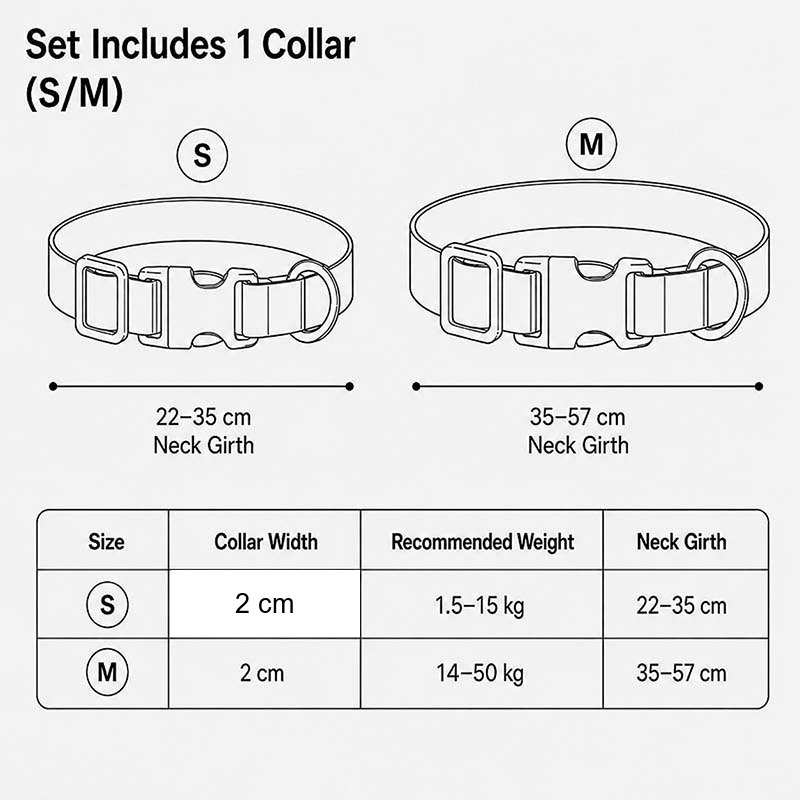 Black dog collar size chart showing S 22 to 35 cm and M 35 to 57 cm with 2 cm width