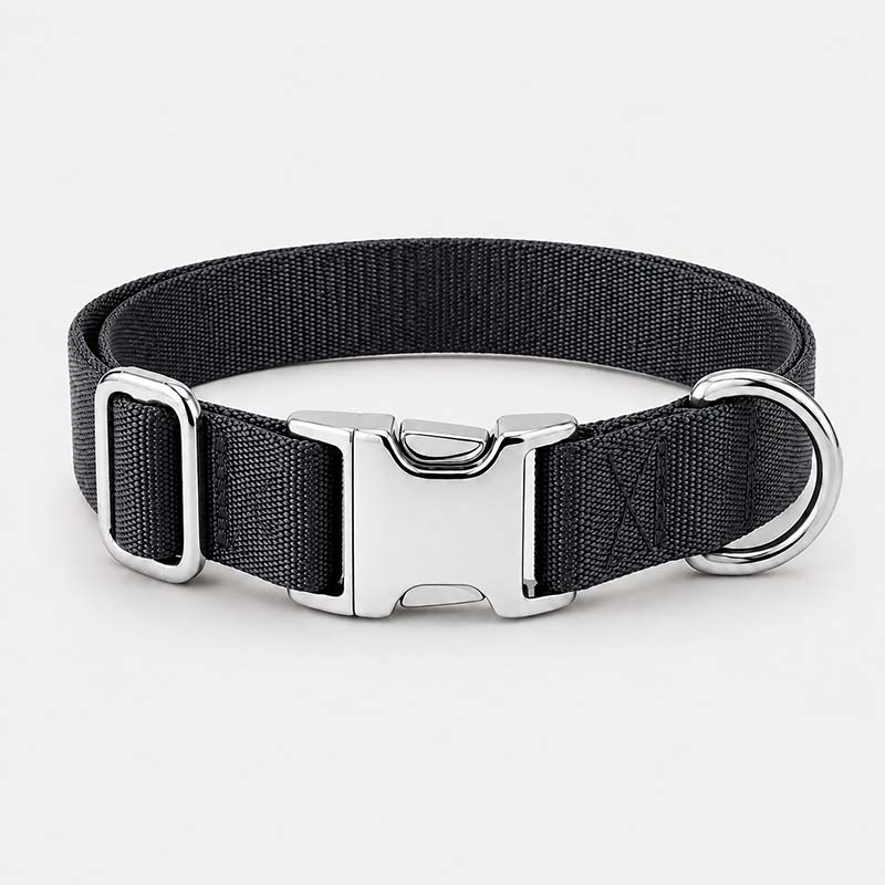 Front view of a black Dyneema UHMWPE dog collar with stainless steel quick-release buckle and D-ring