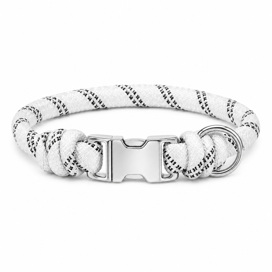 White 8.7mm climbing rope dog collar with 316 stainless steel buckle and D-ring