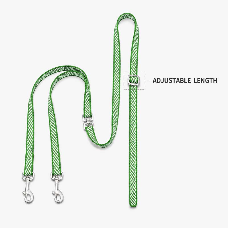 Adjustable-length buckle on a green dual dog leash