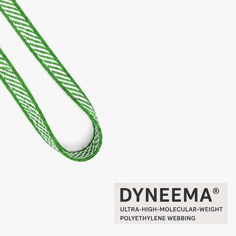 Close-up of green and white Dyneema UHMWPE dual dog leash webbing