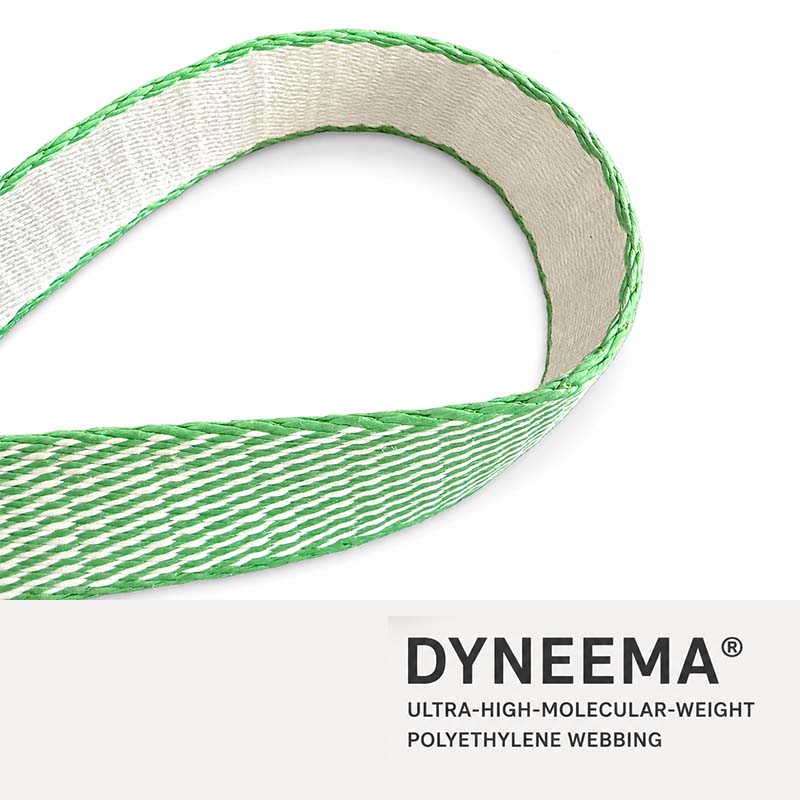 Close-up of green and white Dyneema UHMWPE dog leash webbing