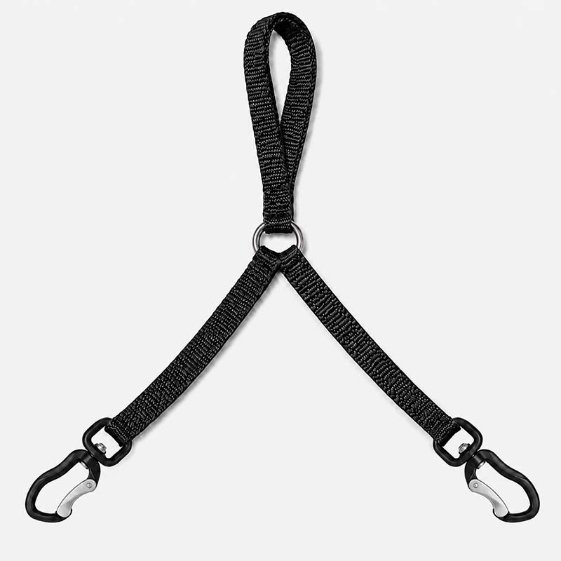 Black FeatherStrong UHMWPE double dog leash with one shared handle and two aluminum carabiner-style clips