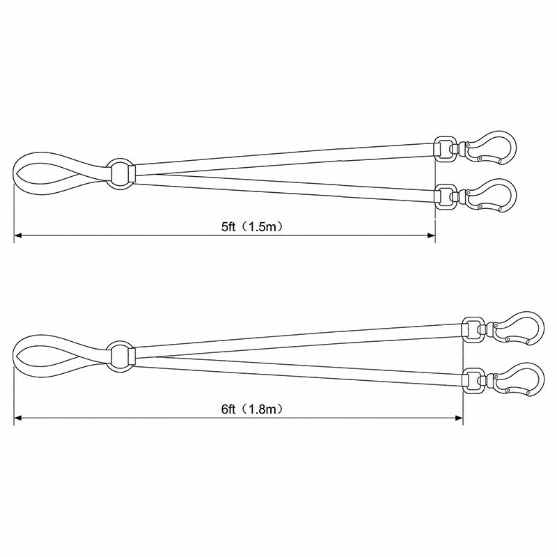 Line drawing of the black FeatherStrong adjustable dual dog leash with two clips, showing 1.5 m (5 ft) and 1.8 m (6 ft) lengths