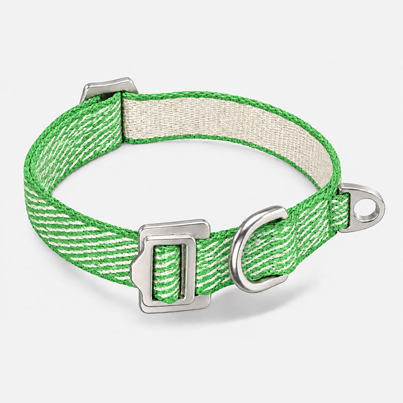FeatherStrong green and white UHMWPE dog collar with an Aircraft-Grade Aluminum buckle and metal D-ring