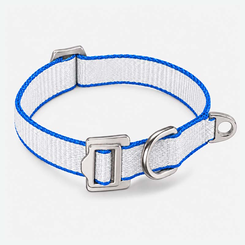 White and blue FeatherStrong 20 mm UHMWPE dog collar with Aircraft-Grade Aluminum buckle and metal D-ring