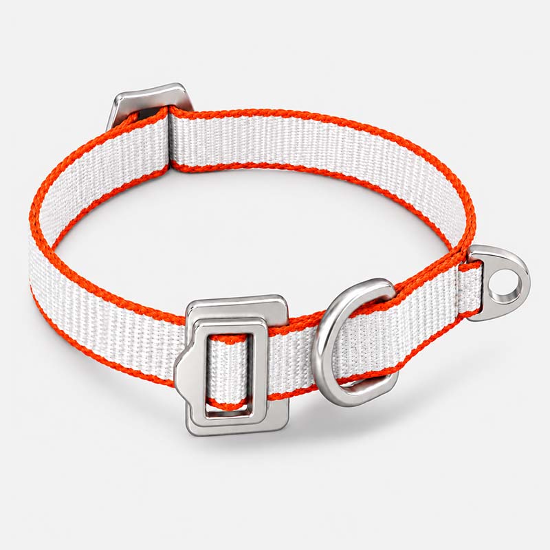 White and orange FeatherStrong 10 mm UHMWPE dog collar with an aluminum buckle and D-ring