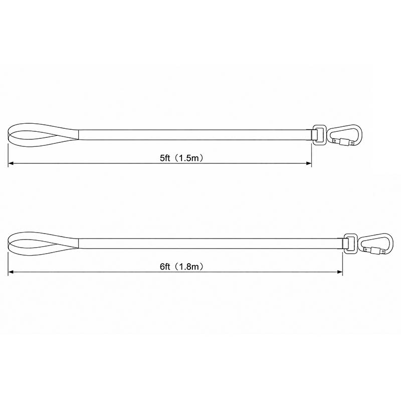 Line drawing of the FeatherStrong ultralight dog leash showing 1.5 m (5 ft) and 1.8 m (6 ft) length options