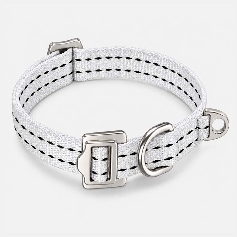 Lightweight white UHMWPE dog collar with black stitching and aircraft-grade aluminum hardware