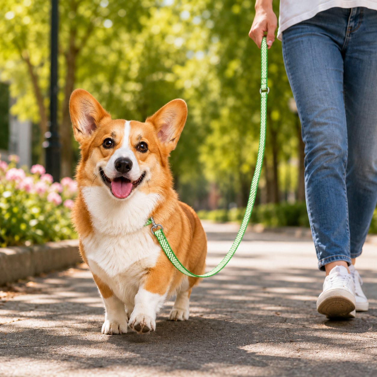 Person walking a corgi outdoors with a green and white Dyneema dog leash