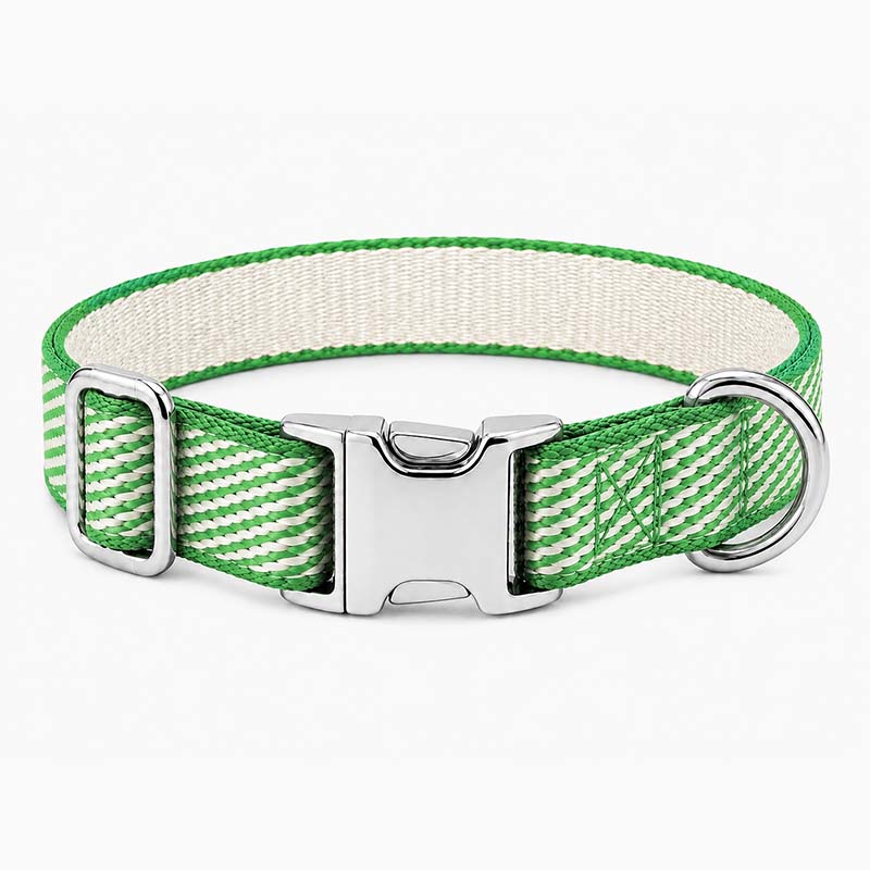 Green and white Dyneema UHMWPE webbing dog collar with 316 stainless steel buckle and D-ring