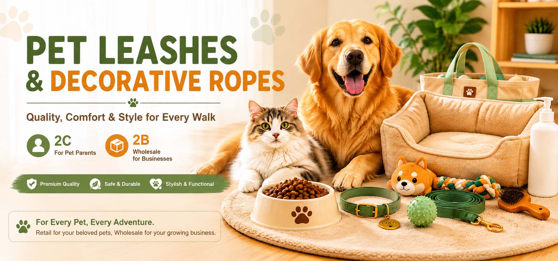 SOLISZEN pet leashes, decorative ropes and pet supplies homepage banner with a dog and cat