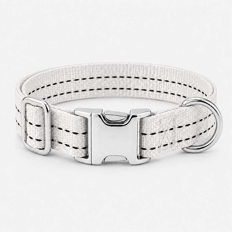 White Dyneema UHMWPE dog collar with black stitching, stainless steel quick-release buckle and D-ring