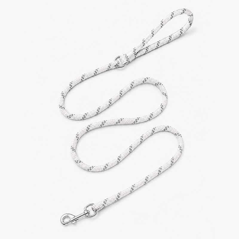 White and gray 8 mm braided UHMWPE round rope dog leash with an aluminum carabiner