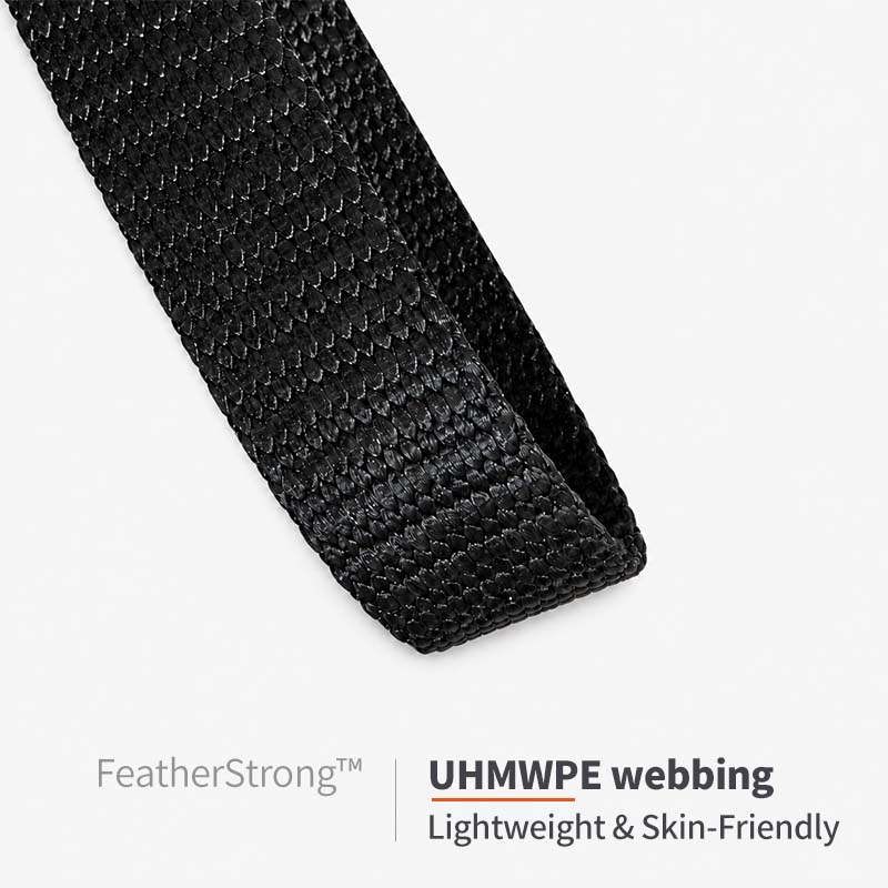 Close-up of black UHMWPE webbing measuring 20 mm wide and 2 mm thick for the FeatherStrong dual dog leash