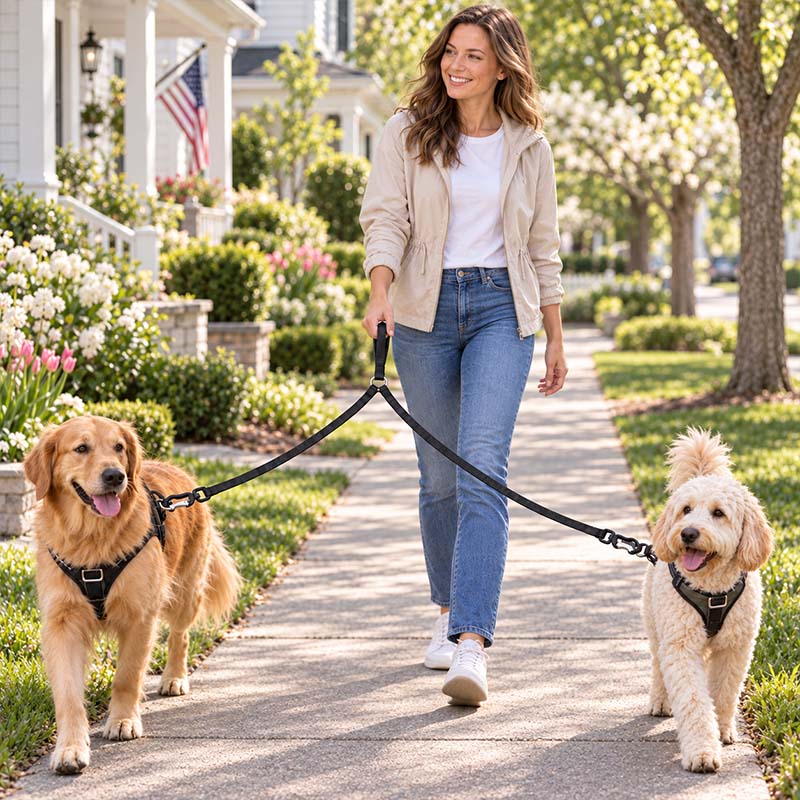 Person walking two dogs with a black FeatherStrong dual dog leash in a neighborhood