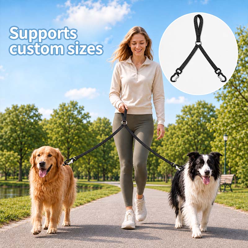 Person walking a golden retriever and border collie with a black FeatherStrong dual dog leash and custom sizing available