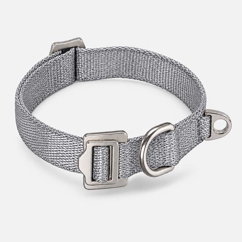 FeatherStrong gray UHMWPE dog collar. Metal hardware: Aircraft-Grade Aluminum.
